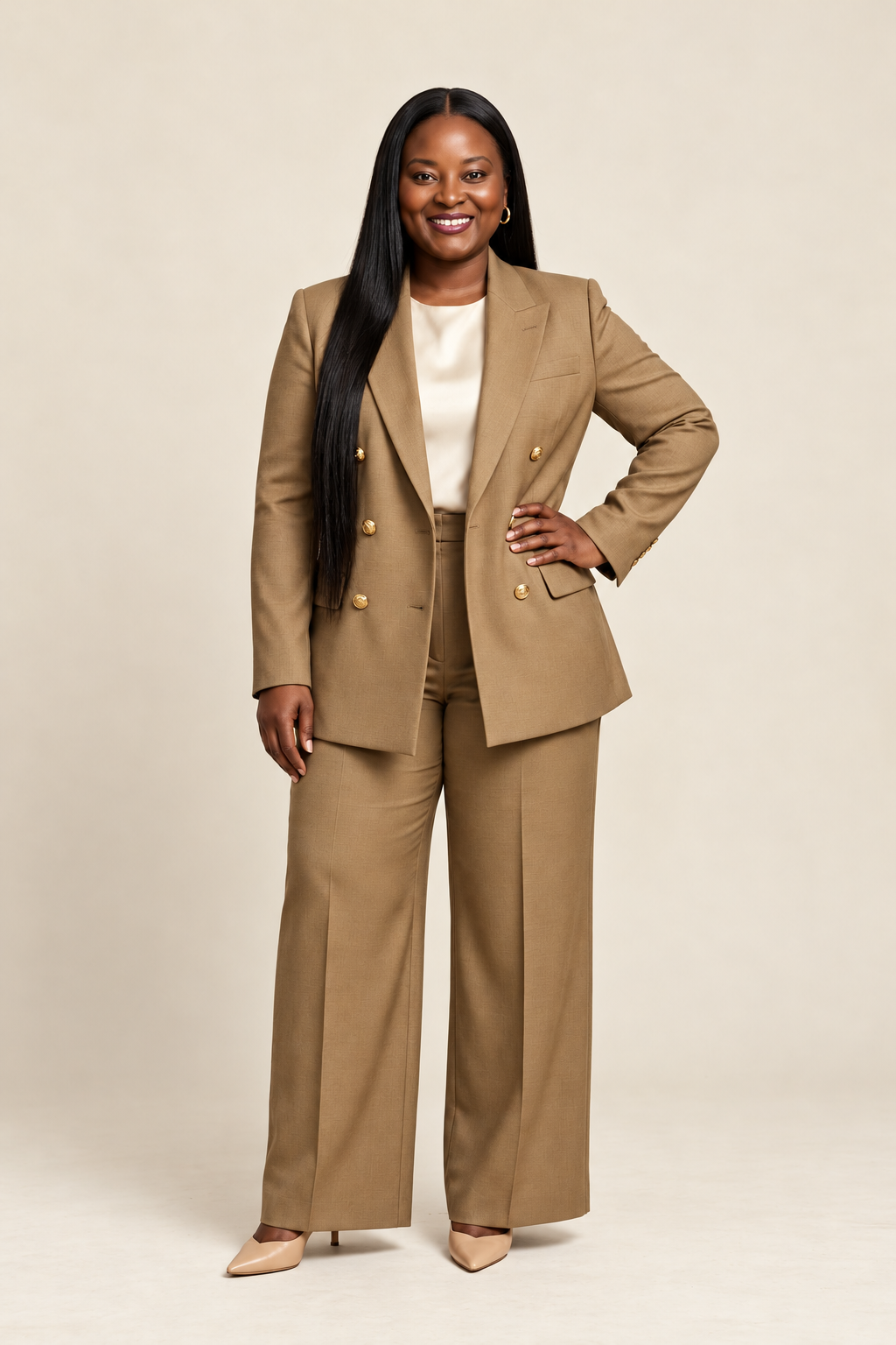 Caroline Kamga smiling in a tailored khaki suit