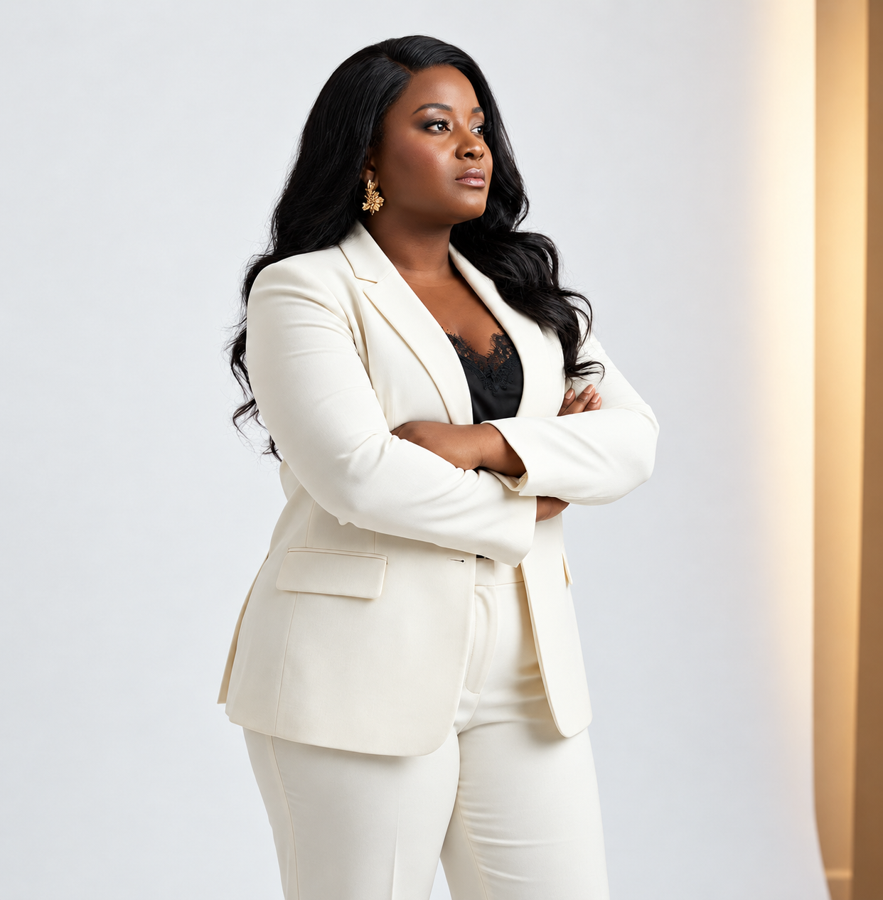 Caroline Kamga in an ivory suit, looking with quiet confidence to the side